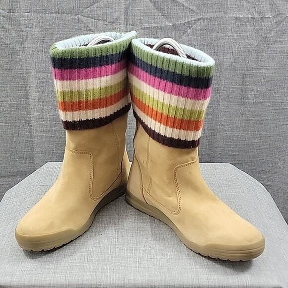 Coach Tatum Suede Wool Beige / Multicolor Striped Knit Boots Women's SZ 7.5 - Picture 1 of 12